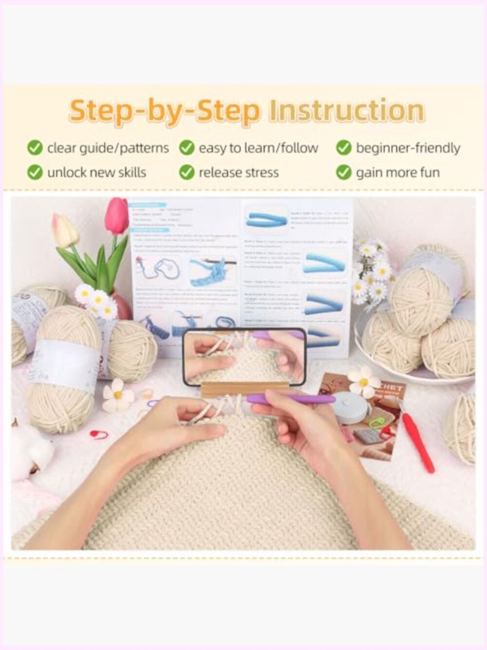 Complete Blanket Crochet Kit for Beginners with Chenille Yarn & Video Tutorial - Picture 4 of 6